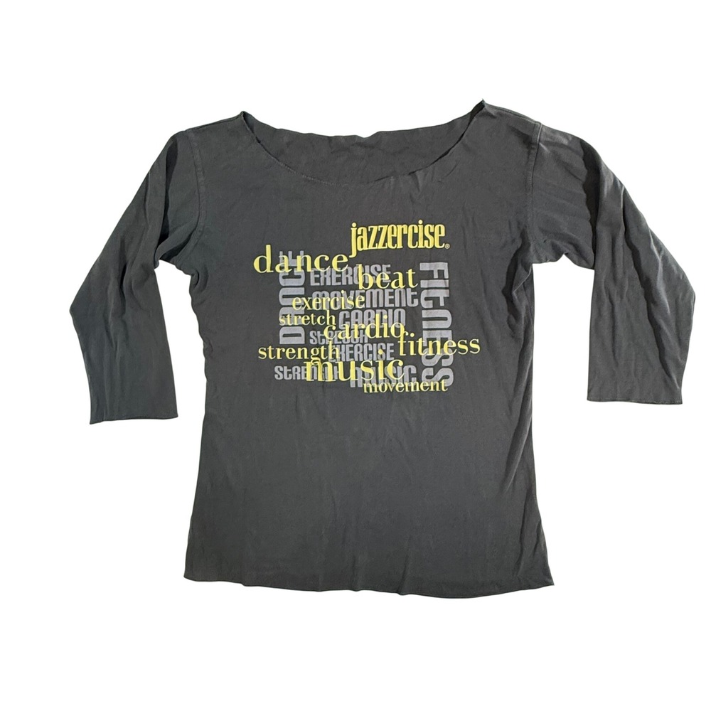Jazzercise Graphic 3/4 Sleeve Top Women Medium Gray Y2K Athleisure Dance Gym Tee